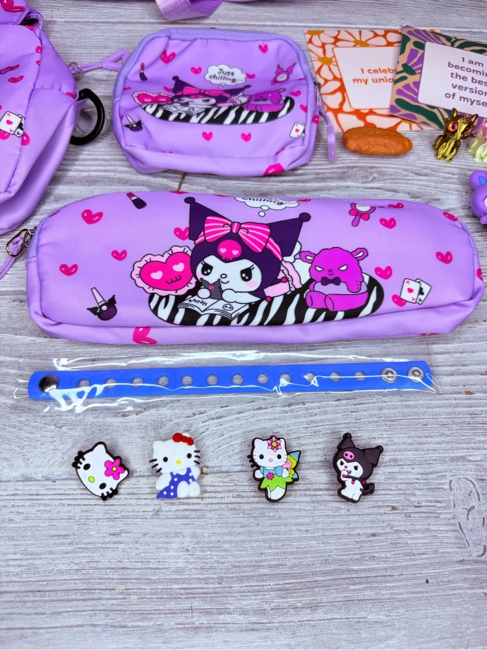 Kuromi backpack bundle , croc charms , keychain , stickers , pen , dragons bags
